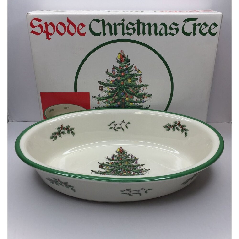 Vintage Spode Christmas Tree Porcelain China Oval Vegetable Baker Dish With Box